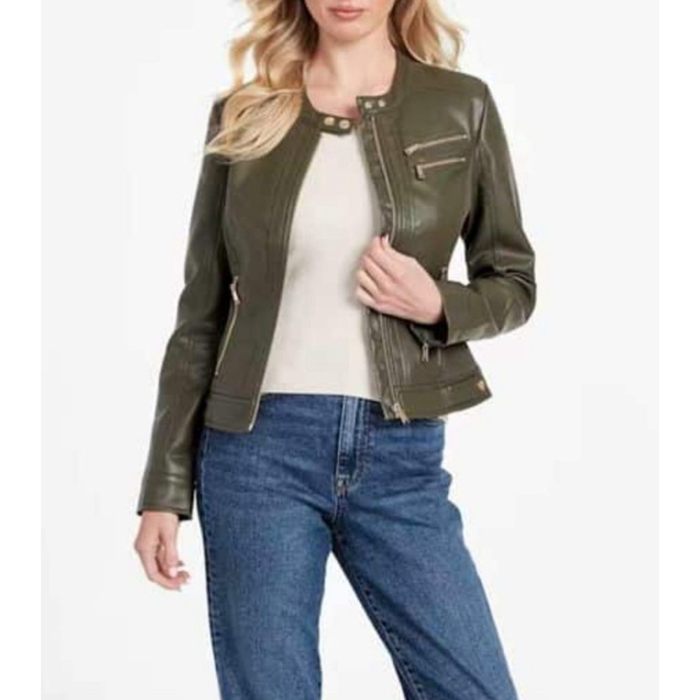 Women's Guess Faux Leather Jacket Green Size M - Picture 1 of 15
